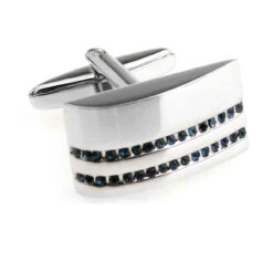 Silver Arch Shape With Blue Crystals Cufflinks (V-CF-C6143BL-S)