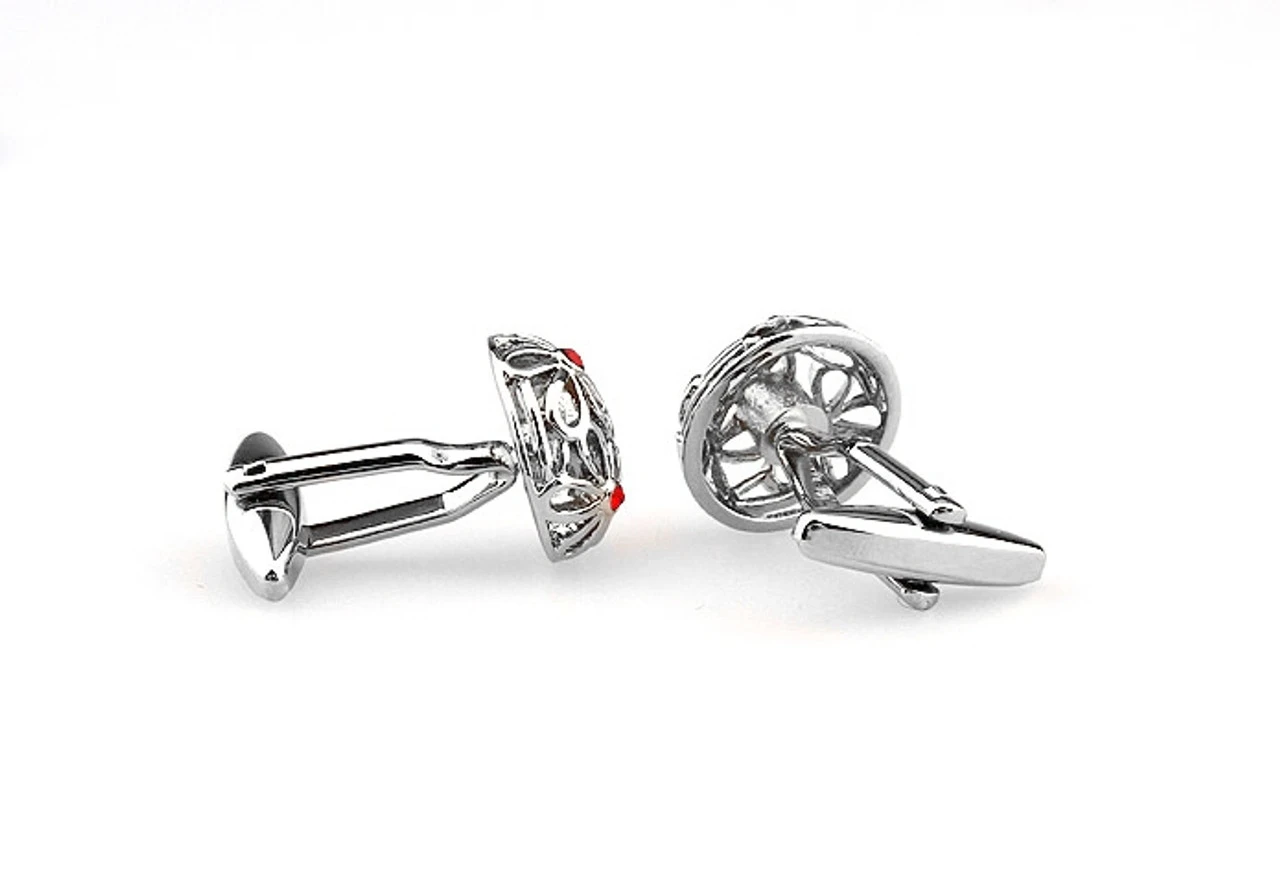 Domed Flowers With Small Red Crystals Cufflinks (V-CF-C61599R) 2 Domed Flowers With Small Red Crystals Cufflinks (V-CF-C61599R) - Image 2