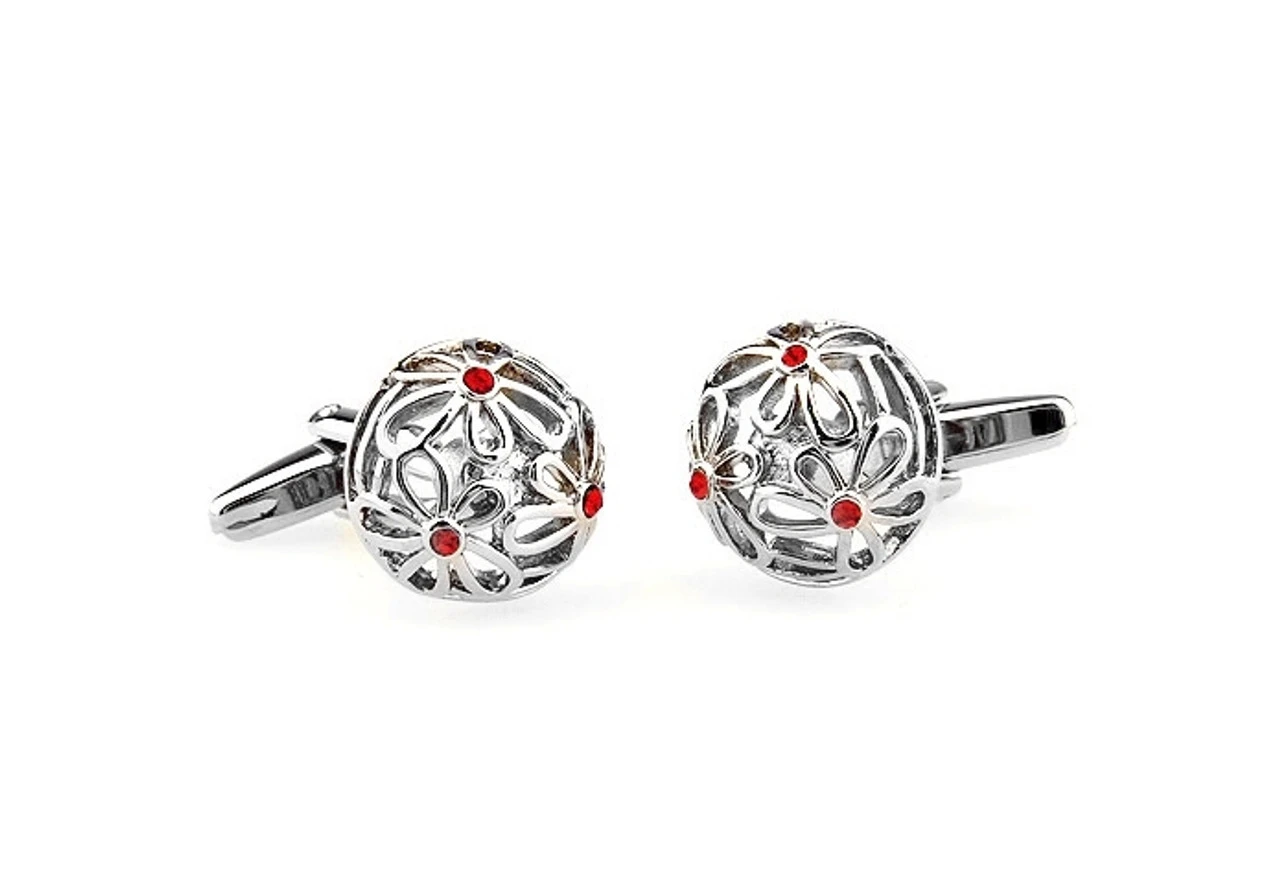 Domed Flowers With Small Red Crystals Cufflinks (V-CF-C61599R) 3 Domed Flowers With Small Red Crystals Cufflinks (V-CF-C61599R) - Image 3