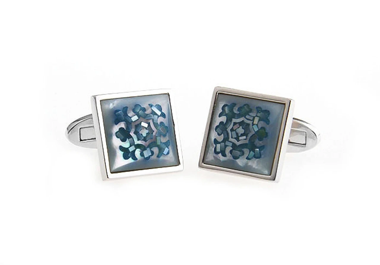 Intricate Turquoise Blue Mosaic Mother Of Pearl Cufflinks (V-CF-G8077BL) 3 Intricate Turquoise Blue Mosaic Mother Of Pearl Cufflinks (V-CF-G8077BL) - Image 3