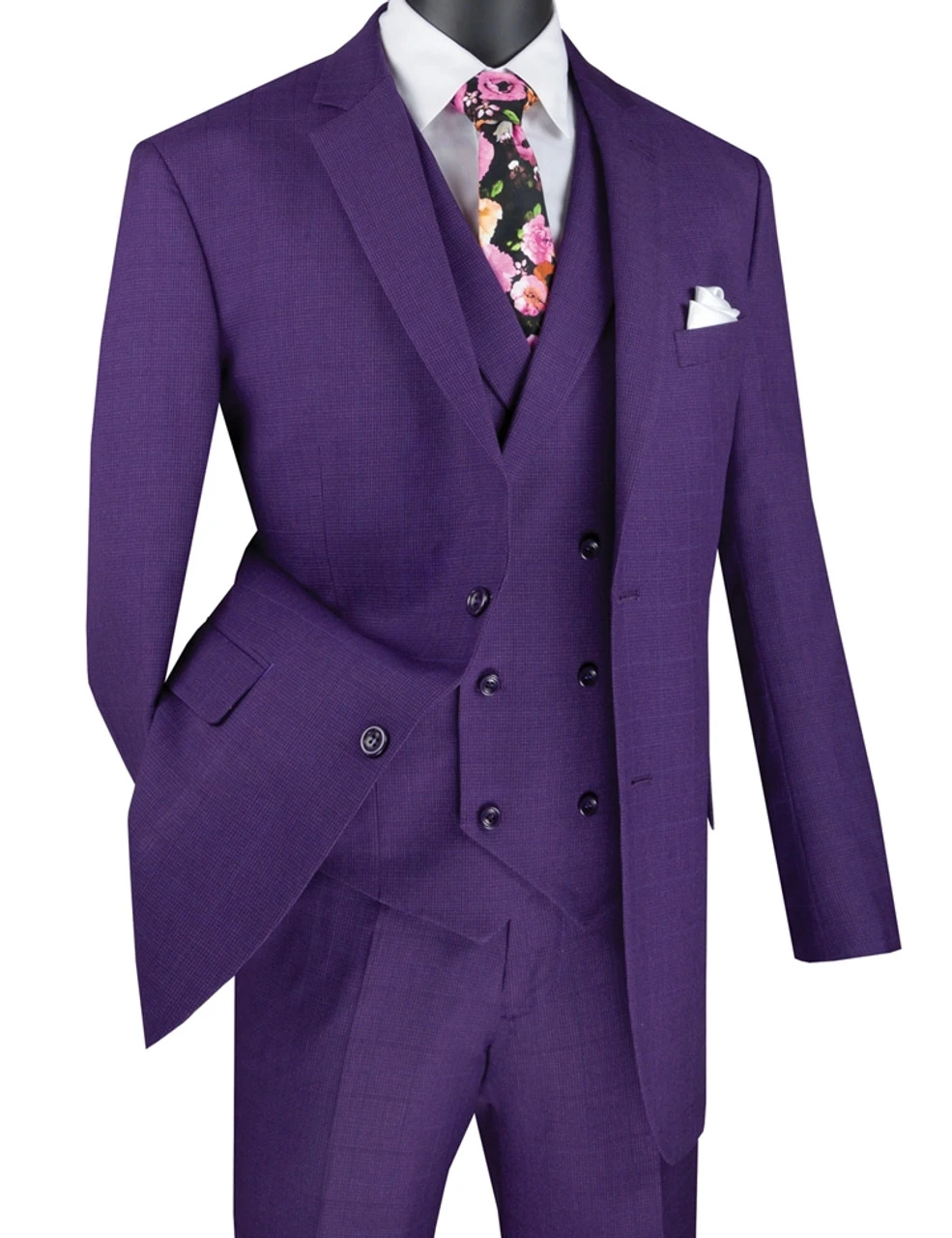 Vinci 2-Button Purple Windowpane With Double-breasted Vest Suit
