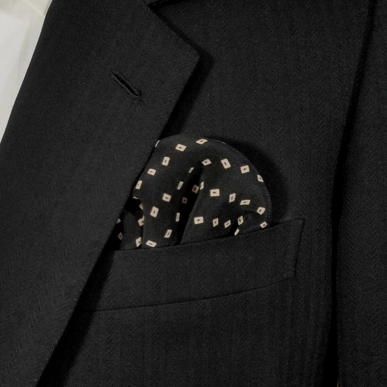 Black With Cream Squares 100% Silk Pre-Folded Pocket Square Insert 1 Black With Cream Squares 100% Silk Pre-Folded Pocket Square Insert
