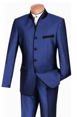 Vinci Blue Banded Collar Two-Tone Fashion Suit - Slim Fit