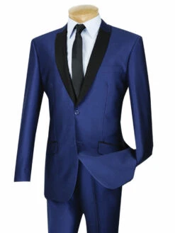 Vinci Sheened Navy Contrasting Notched Shawl Collar Suit - Slim Fit
