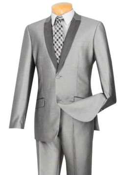 Vinci Sheened Grey Contrasting Notched Shawl Collar Suit - Slim Fit