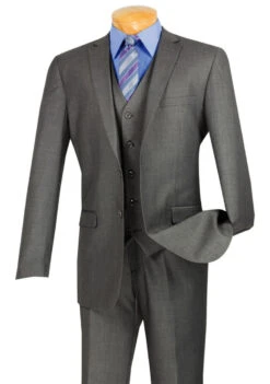 Vinci 2-Button Heather Grey Suit With Vest - Slim Fit