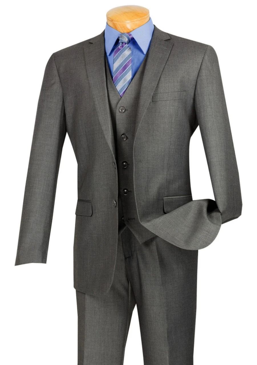 Vinci 2-Button Heather Grey Suit With Vest - Slim Fit 1 Vinci 2-Button Heather Grey Suit With Vest - Slim Fit