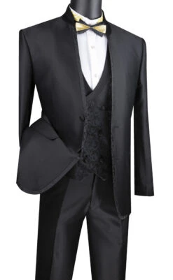 Vinci 3 Piece Collar-less Floral Pattern Vested Fancy Suit - Black