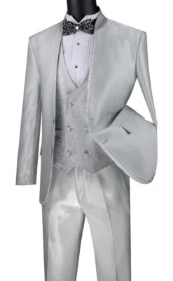 Vinci 3 Piece Collar-less Floral Pattern Vested Fancy Suit - Silver