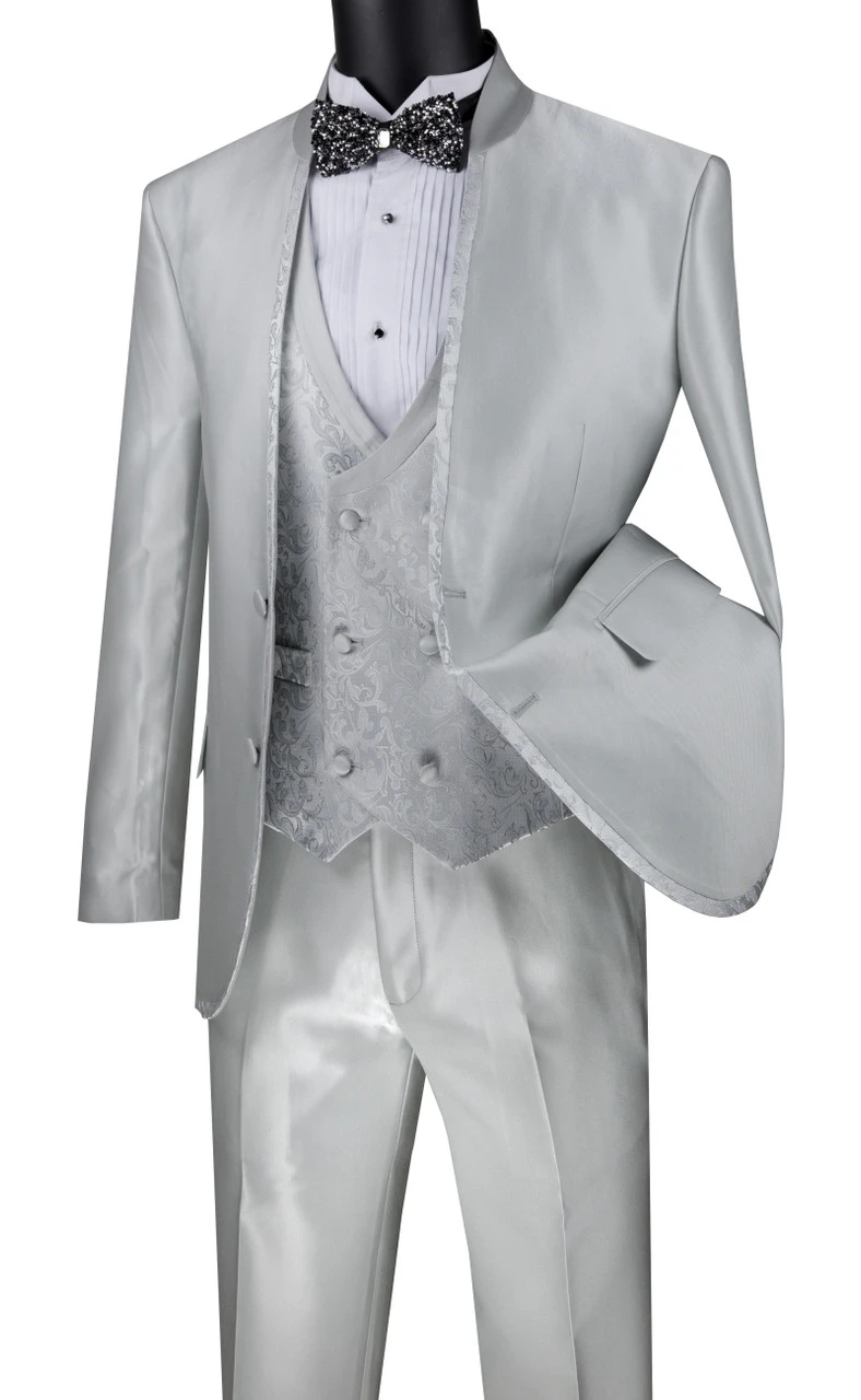 Vinci 3 Piece Collar-less Floral Pattern Vested Fancy Suit - Silver 1 Vinci 3 Piece Collar-less Floral Pattern Vested Fancy Suit - Silver