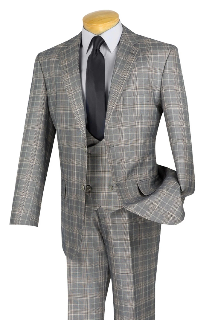 Vinci 2-Button Glenplaid With Low Cut Vest Suit - Grey 1 Vinci 2-Button Glenplaid With Low Cut Vest Suit - Grey