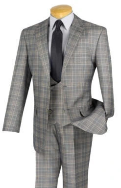 Vinci 2-Button Grey Glenplaid Suit With Low-Cut Vest