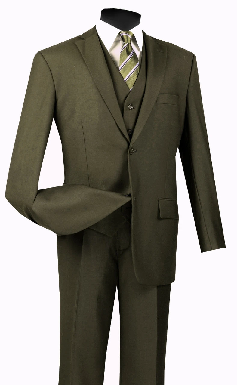 Vinci 2-Button Classic Suit With Vest - Olive - X-Long 1 Vinci 2-Button Classic Suit With Vest - Olive - X-Long