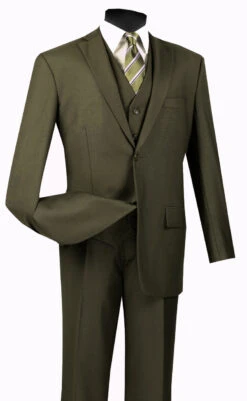 Vinci 2-Button Classic Suit With Vest - Olive
