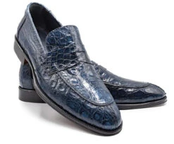 Zelli 100% Caiman Crocodile Italian Penny Long Toe Loafer - Navy Blue
