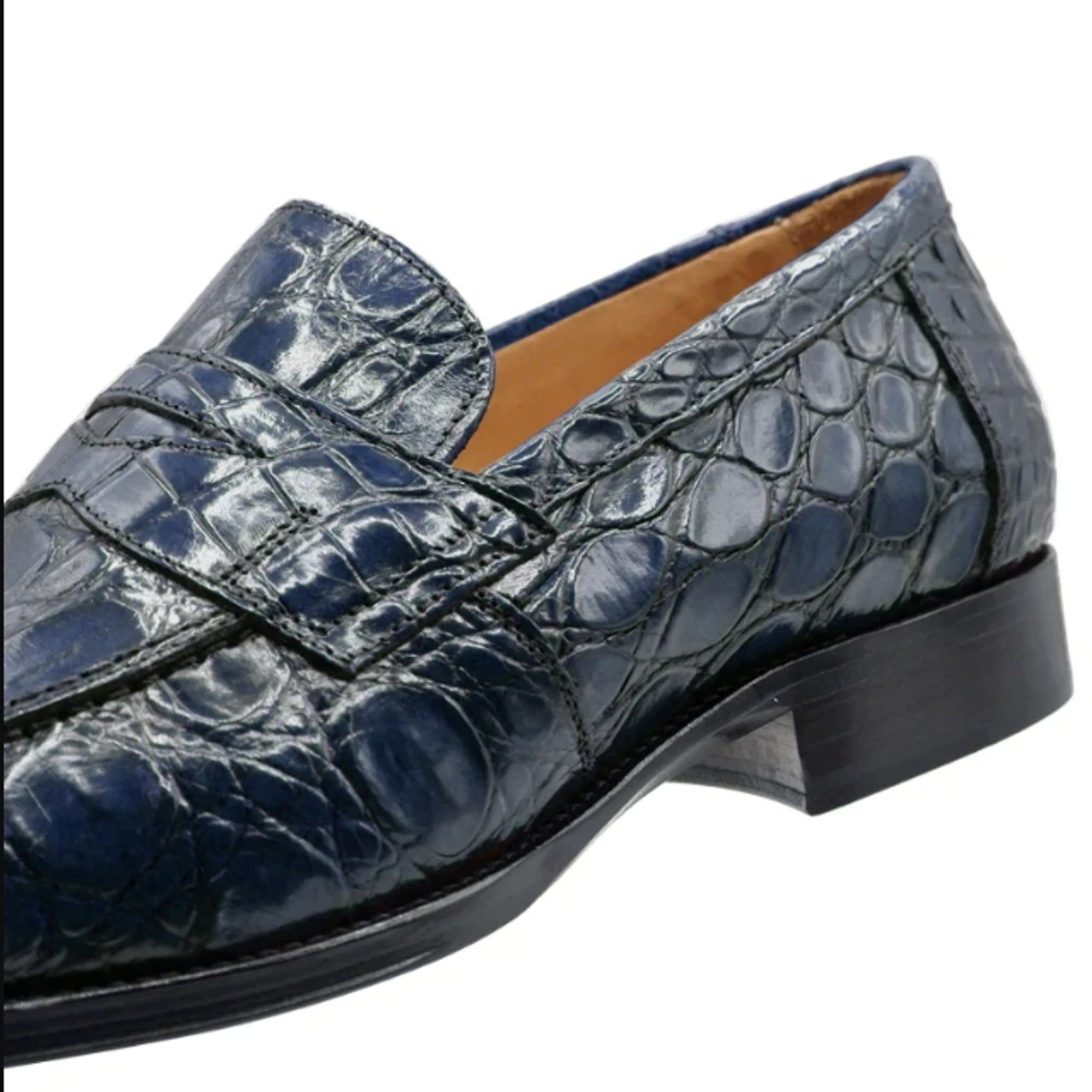 Zelli 100% Caiman Crocodile Italian Penny Long Toe Loafer - Navy Blue 2 Zelli 100% Caiman Crocodile Italian Penny Long Toe Loafer - Navy Blue - Image 2