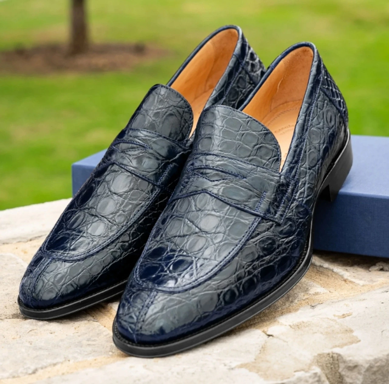 Zelli 100% Caiman Crocodile Italian Penny Long Toe Loafer - Navy Blue 6 Zelli 100% Caiman Crocodile Italian Penny Long Toe Loafer - Navy Blue - Image 6