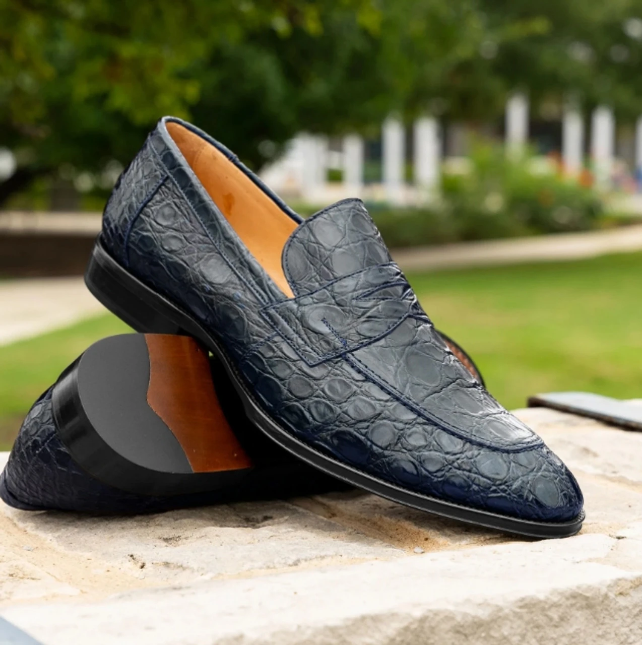 Zelli 100% Caiman Crocodile Italian Penny Long Toe Loafer - Navy Blue 7 Zelli 100% Caiman Crocodile Italian Penny Long Toe Loafer - Navy Blue - Image 7