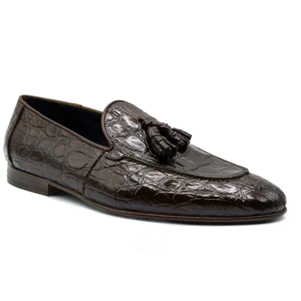 Zelli 100% Caiman Crocodile Italian Tassel Long Toe Loafer - Dark Brown 2 Zelli 100% Caiman Crocodile Italian Tassel Long Toe Loafer - Dark Brown - Image 2
