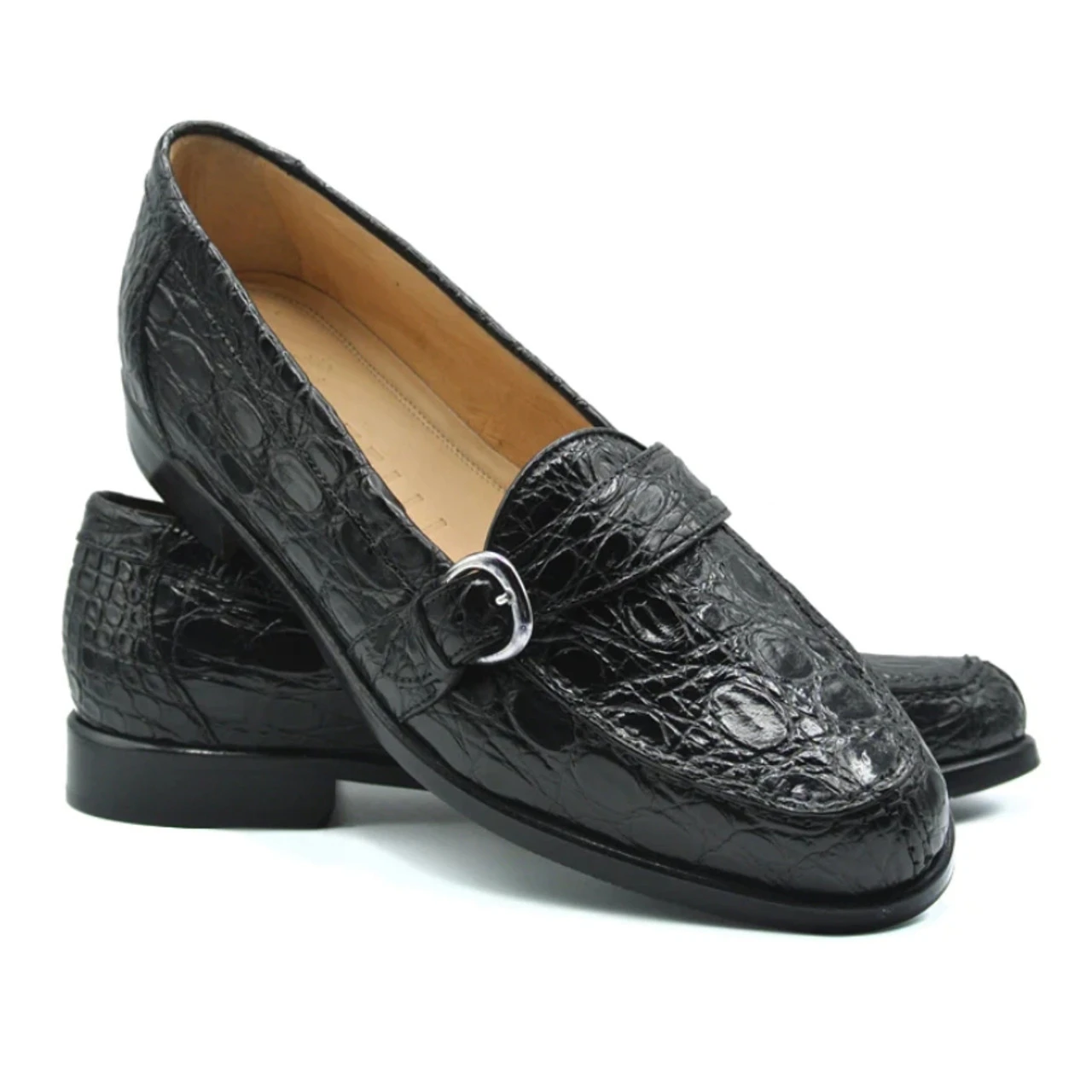 Zelli 100% Caiman Crocodile Italian Buckle Loafer - Black 1 Zelli 100% Caiman Crocodile Italian Buckle Loafer - Black
