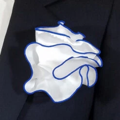 White Satin 2-in-1 Pouf Round Pocket Square With Royal Blue Trim