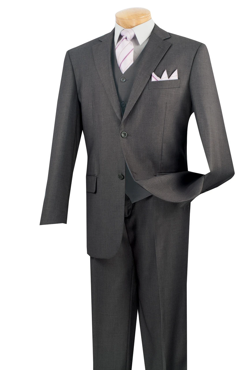 Vinci 2-Button Classic Suit With Vest - Heather Grey - X Long 1 Vinci 2-Button Classic Suit With Vest - Heather Grey - X Long