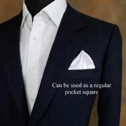 White Satin 2-in-1 Pouf Round Pocket Square With Royal Blue Trim -Suit Discount Store whitepocketsquare 20626.1678992682